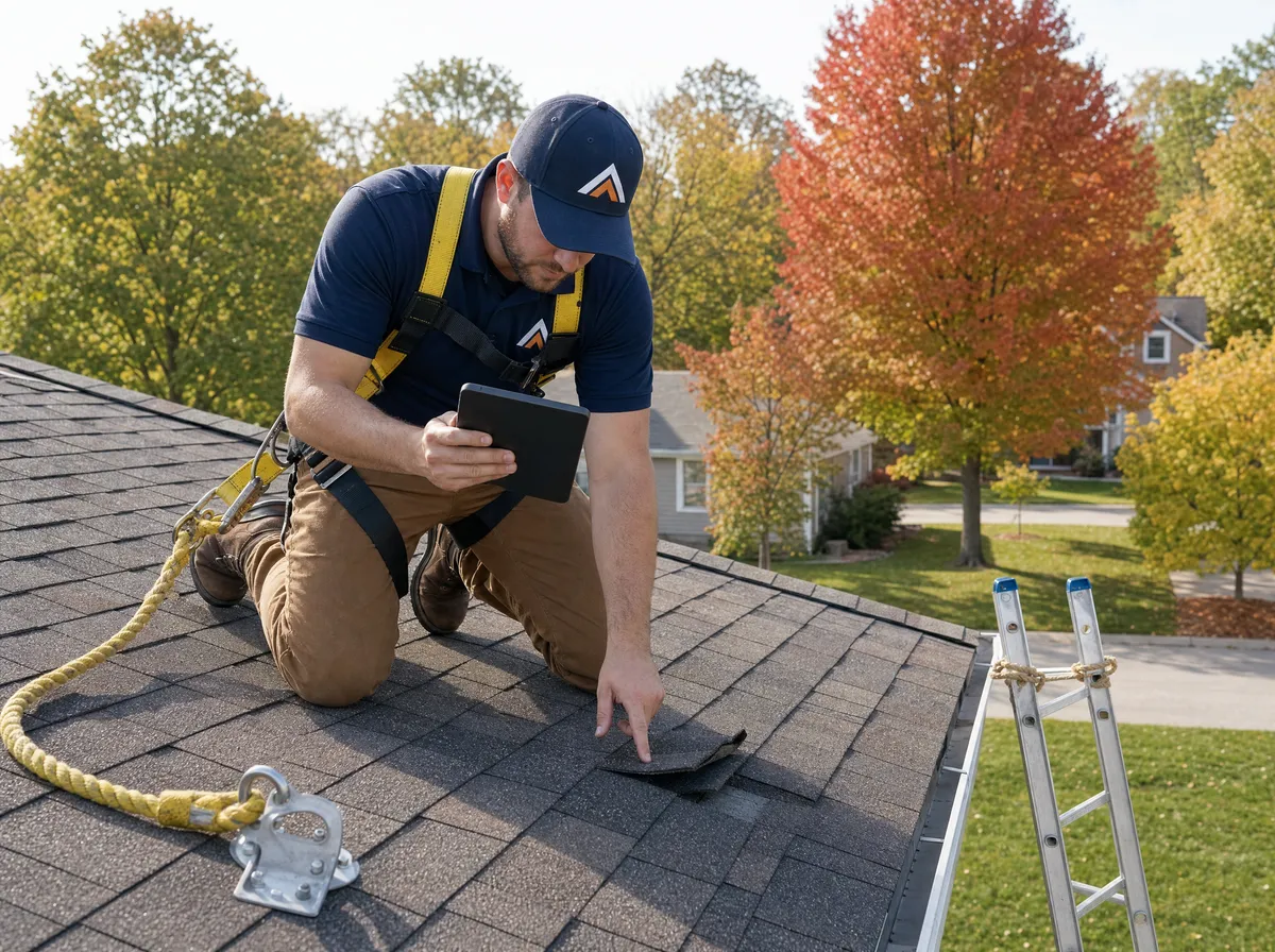Roofer inspecting a shingle roof and taking photos with a tablet during a free roof inspection