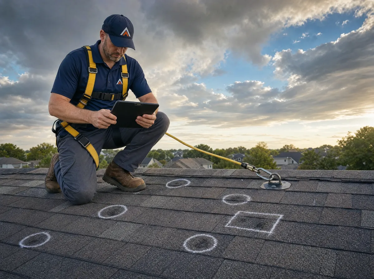 Roofing inspector photographing hail damage on asphalt shingles for an insurance claim